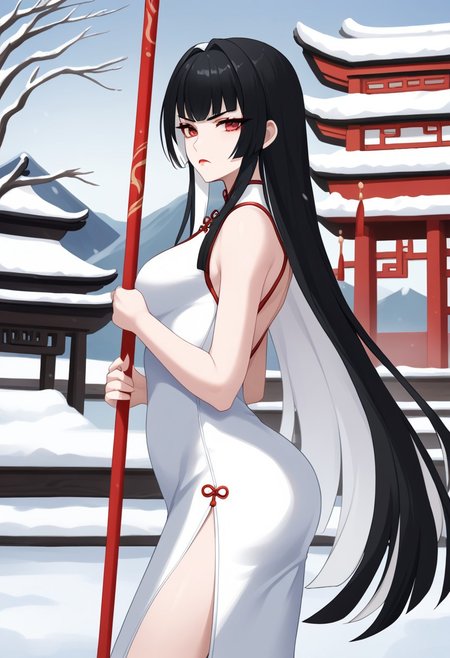 1girl, solo, scowl, Qu Pavo, long hair, black hair, white hair, colored inner hair, white dress, China dress, outdoors, snow, east Asian architecture, holding polearm, from side, looking at viewer, red lips, red eyes