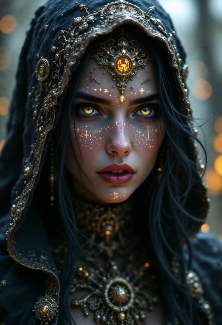 hyperrealism, elven girl, a stunning photo of a gorgeous necromancer female Aerenal Elf, gold and black robes, face warpaint, skull face paint, gorgeous, 8k HD, detailed skin texture, ultra realistic, textured skin,. (maximum ultra high definition image quality and rendering:3), maximum image detail, maximum realistic render, (((ultra realist style))), realist side lighting, , 8K high definition, realist soft lighting, (amazing special effect:3.5)  <lora:aidmaFLUXpro1.1:1> aidmafluxpro1.1