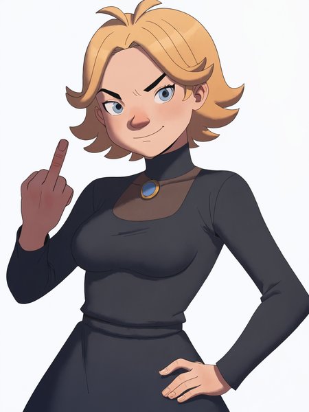 score_9, source_anime, masterpiece, high quality, BREAK, white background, 1girl, <lora:Margu_PDXLv0:0.8> margu, short hair, (adult:1.4, aged up:1.4), medium breasts, blonde hair, [mature female:0.65], black dress, middle finger,