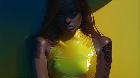 L1ghtm4k3r, 1girl, solo, grey eyes, light skin, shading,long hair, brown hair, plump delicate lips, upper body, yellow latex sleeveless, arm tattoos, shade, looking at viewer, bare shoulders, shadow, yellow soft bright light diagonally lighting scene with blue hard shadows covering the other half of the image <lora:LightMaker:1.3>
