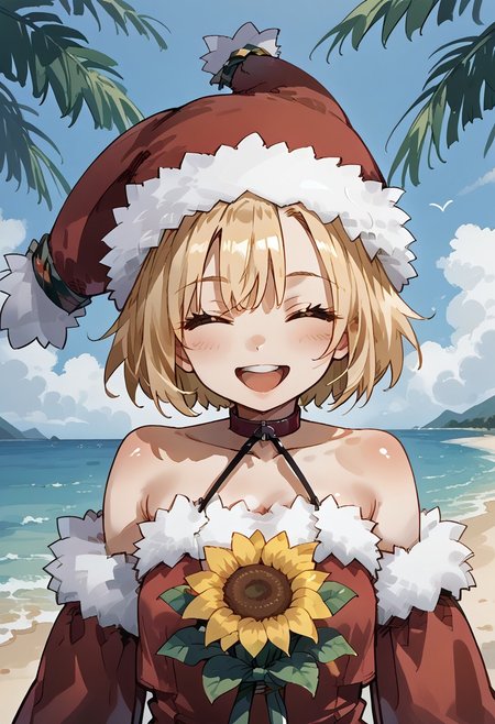 score_9, score_8_up, score_7_up,s, source_anime,zPDXL3,
BREAK 
1girl_Witch,blonde hair,
fur-trimmed sleeves, hat,  fur-trimmed dress, fur-trimmed red clothes, fur-trimmed headwear,  red footwear, bare shoulders, pom pom \(clothes\), choker, detached sleeves,
smile,
closed eyes,
open mouth,
BREAK 
soro,
(holding bouquet,sunflower:1),
chibi,
shiny skin, shiny, oily skin, oily face,shiny face, 
beach,palm tree,
extremely detailed , detailed background,
upper body,
looking at viewer
