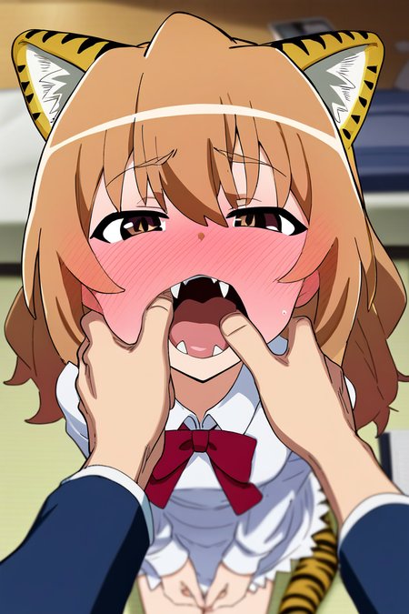 score_9, score_8_up, score_7_up, rating_safe BREAK
1girl, aisaka taiga, brown hair, hair between eyes, brown eyes, full face blush, looking away, (tiger:0.8) animal ears, white dress, tail, open mouth, pov, hand on anothers mouth, teeth inspection, (tongue:0.6), fangs, living room