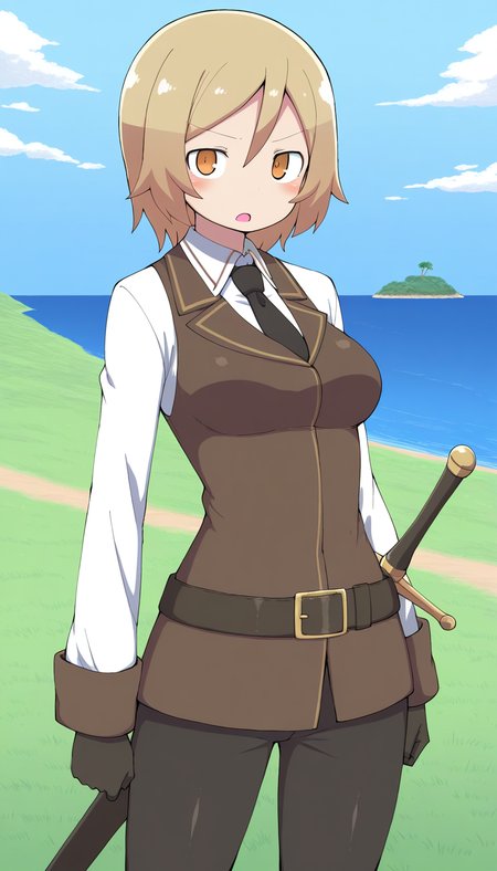 general,highres, ultra-detailed,very aesthetic,best quality ,best hands,  BREAK  <lora:Moka_margaret_IS:1>Moka_margaret, 1girl, short hair, blonde hair, brown hair, orange eyes, breasts,
solo, gloves, necktie, black gloves, weapon, black necktie, vest, long sleeves, shirt, open mouth, sword, sheath, 
cowboy shot, collared shirt, white shirt, pants,  looking at viewer, sheathed, arms at sides, standing, bangs, pantyhose, brown vest, black pants,
island, grass,