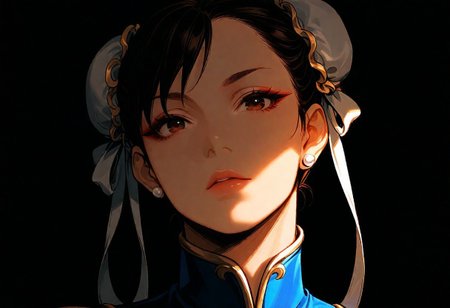 1girl, chun li,  solo, dark,  masterpiece, best quality, very aesthetic,  close up,  hair bun