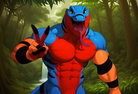 score_9, score_8_up, score_7_up, Expressiveh, masterpiece, best quality, highly detailed, realistic, (zPDXL3), 1boy, solo, (furry, anthro, scalie, blue body, red body, two tone body, black stripes, black eyes, orange arms, black claws, upper body, muscular male, abs, forked tongue), smile, open mouth, peace sign, standing, looking at viewer, forest, waterfall, grass, detailed background, uncensored