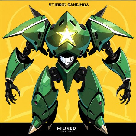 8k, best quality, masterpiece, (ultra-detailed:1.1), 
<lora:jijiav2-a3-Tanger:0.8>, jijia, 2d, anime, no humans, robot, mecha, solo, glowing, standing, shadow, character name, open hands, yellow background, one-eyed, science fiction, straight-on, glowing eye, teeth, a drawing of a robot with glowing eyes, a poster of a green robot with a glowing star,