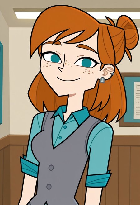 score_9,score_8_up,score_7_up, 1girl, solo, Ellie_DC_IL, pale skin, teal eyes, freckles, orange hair, shoulder-length hair, hair bun, silver earrings, grey vest buttoned, turquoise undershirt rolled up sleeves, looking at viewer, indoors, room background, (portrait) smile, standing, no pupils