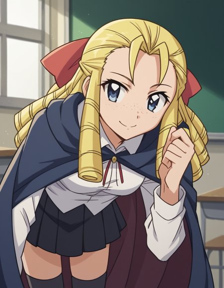 score_9, score_8_up, score_7_up, source_anime,
montmorencymargaritalaferedemontmorency, <lora:montmorency-margarita-la-fere-de-montmorency-s3-ponyxl-lora-nochekaiser_r2:1>,
montmorency margarita la fere de montmorency, long hair, blonde hair, bow, hair bow, drill hair, forehead, freckles, hair pulled back, ringlets,
skirt, thighhighs, long sleeves, collared shirt, white shirt, black skirt, cape,
indoors, classroom, bent over, smile,
looking at viewer, cowboy shot, solo, dutch angle