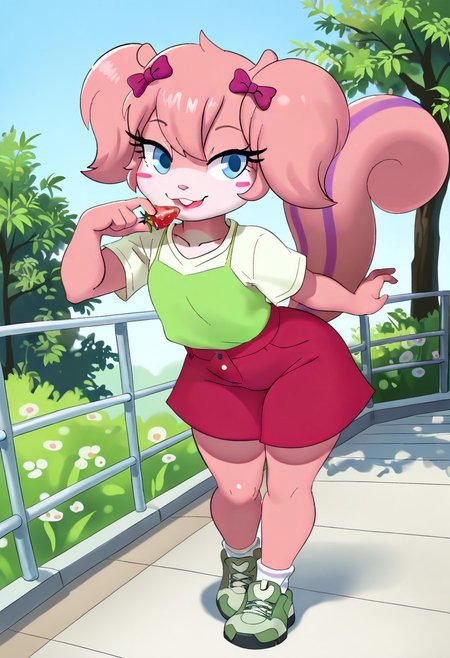 masterpiece, best quality, very aesthetic, absurdres,
outdoors, casual, 
full body, posing,  dynamic pose, dynamic_angle, close up, holding a strawberry, licking strawberry, seductive, kind eyes,
seductive smile, parted lips, long eyelashes,
 <lora:Twiggy_v01_NAIXL:1>
Tw166y,1girl,solo,furry,furry female,squirrel girl,pink hair,squirrel ears,short hair,twintails,hair bow,blue eyes,blush stickers,animal nose,buck teeth,body fur,pink fur,squirrel tail,