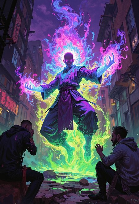 Off-center composition, dynamic portrait of the most powerful mystic martial arts warrior monk in a fighting stance with his arms out wide and one foot kicking, he is floating 5 feet above the ground, he has an extremely bright glowing multi-colored magical aura anime_glow full of chi power, his eyes are shining bright blue, he is surrounded by thugs that are blinded by his aura looking away and covering their eyes, fantasy world, Stunning visuals, Texture, beautiful face features, photorealistic, photorealism, beautiful image, cinematic, trending on artstation, beautiful lighting, sharp focus, very stylish, chiaroscuro, highly detailed, high definition, hyperrealistic, illustration, pscho_4rt, surreal, abstract, glitch, anime_glow, purple_glow, red_glow, green_glow, blue_glow