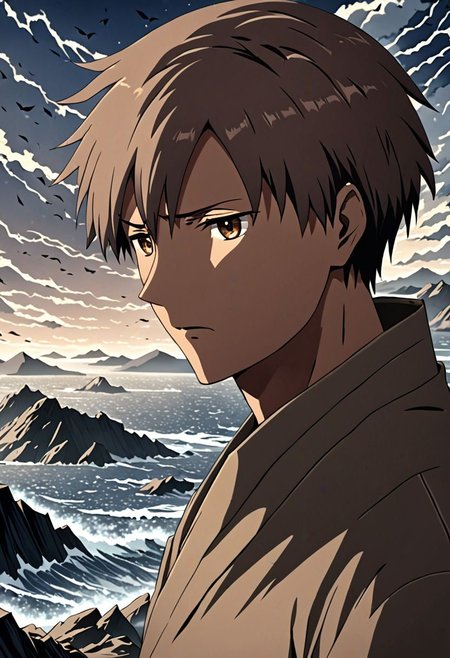 high resolution, solo, best quality, 1Boy, Takaki Toono, Brownish Hair, Brown Eyes, existential longing, fantasy background, strong wind, OverallDetail