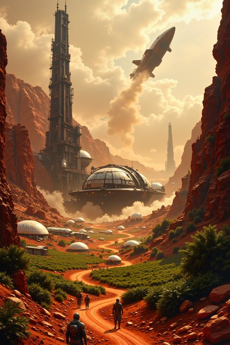 A breathtaking view of a newly colonized alien planet, where towering greenhouses and sleek biodomes stand in stark contrast to the rugged, red-tinged landscape. Scientists in advanced exosuits monitor vast fields of genetically engineered crops, while colossal terraforming machines release clouds of breathable air into the thin atmosphere. In the distance, a massive spaceship, half-buried in the soil, serves as the colonyâs central hub, its lights flickering as humanity takes its first steps toward building a new world.<lora:FluxMythR3alisticF><lora:PCB_Image_Enhancer_for_FLUX:0.35>