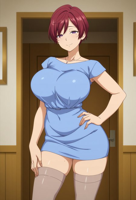 1girl,solo,mm,mature female,short hair,purple eyes,red hair,mole under eye,large breasts,anime coloring,
blue dress,thighhighs,hand on own hip, looking at viewer, smile,indoors
,masterpiece,best quality,amazing quality,<lora:No_Waifu_No_Life-ep.2_1_ix:0.8>
