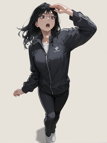 masterpiece,best quality,amazing quality,very aesthetic,absurdres,newest,
front view,full_shot,Shocked disbelief,
ShimizukiyokoCYQL,1girl,solo,long hair,black hair,black eyes,glasses,semi-rimless eyewear,mole,mole under mouth,black jacket,track jacket,track suit,black pants,shoes,
full body,standing,arm_above_head,,
lightgray background,simple background,
<lora:ponyv4_noob1_2_adamW:0.7>,<lora:spo_sdxl_10ep_4k-data_lora_webui:0.6>,<lora:USNR STYLE_XL_loha:0.45>,<lora:illustrious_all_rated_v1:0.7>,<lora:96YOTTEA-WAI:0.8>,,<lora:ShimizukiyokoCYQL:1>,