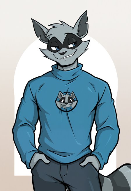 masterpiece,best quality,amazing quality, 1boy, solo, c00p3r, anthro raccoon, grey fur, blue eyes, eye mask, blue longsleeve shirt, smirk,
