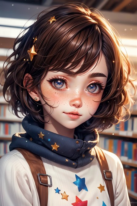 closeup, face, portrait, upper body, 
freckles, 
shy, blush, 
(short brown hair:1.1), 
(library:1.1), 
(brown eyes:1.2), 
cozy, detailed eyes, winter sweater, 
<lora:more_details:0.35>
 <lora:Cosmic anime-oil fusion v2:0.65> 
<lora:AnimeVibesV3:0.5> animevibes, 
<lora:3DMM_V11:0.5> 3DMM 
<lora:midjourney_20230624181825:0.4> midjourney 
<lora:LAS:0.35> cloud,colorful, starry,stars, shiny, shiny hair, shiny skin, shiny clothes