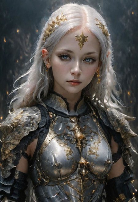analog film photograph of the high queen, an elf female of unearthly beauty, very long straight white hair, very pale pink skin, light grey eyes, (natural ears:1.2)
mysterious smirking expression, looking down at the viewer, wearing (intricately decorated Milanese black (full cuirass) plate armor:1.4), intricately decorated with a damask, gold inlay, (brandishing a glowing sword pointed at the viewer:1.9),
elf queen, full body shot,
1girl, GLOWING STYLE