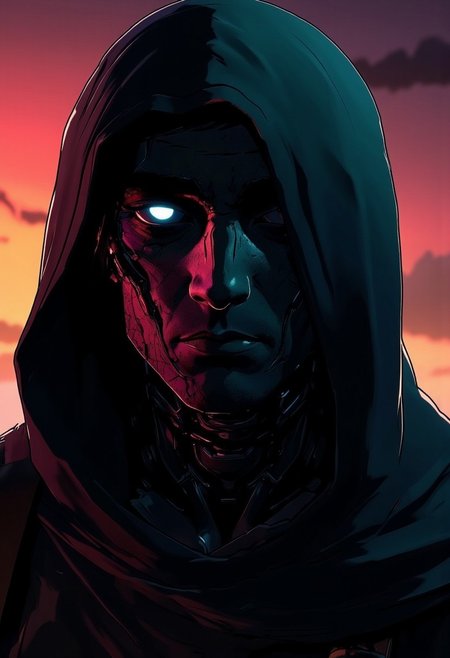 Extreme Sideview closeup, flat color two-toned in bleaked Neon Pink, Blue, and Green hues, cinematic lighting, insane details, deep blacks, An intense action-packed anime scene in a sketch-like style, featuring thick, bold lines with a vibrant translucent color palette. Noface, 
Serene Scene of a Hooded feudal wired-cyborg Ninja infront a moody sunrise, shaded eyes, White eye lines, eye-trails, No-eyed,