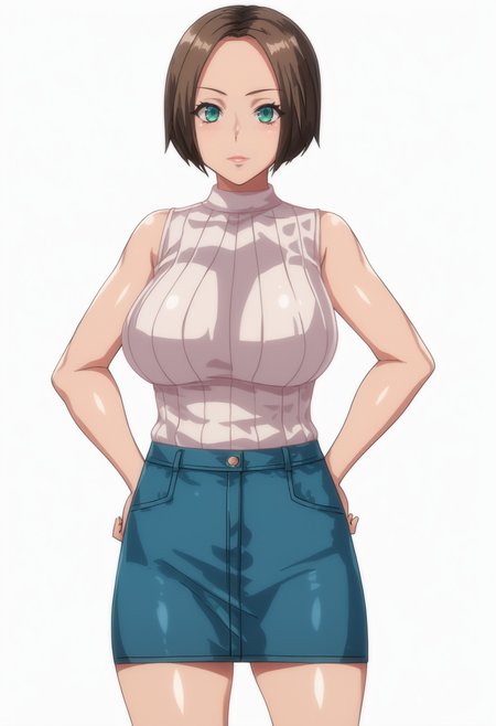 score_9, score_8_up, score_7_up, source_anime, BREAK , 1girl, solo,white background,  <lora:DX888Akari:1> hatsufuji akari,bob cut,  turtleneck sweater, sleeveless, ,skirt, hands on hips, looking at viewer, ribbed sweater, bare shoulders, miniskirt, large breasts,