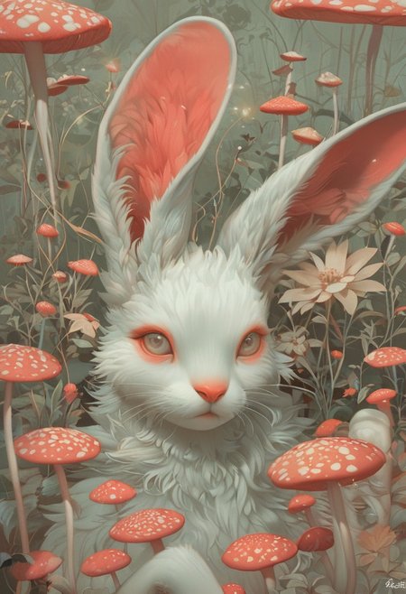 Score_9, score_8_up, score_7_up, score_6 
(dim lighting, light particles, highres, closed_mouth:1.4, absurdres) 
Fl0ralD0lls 
solo, flower, artist name, signature, no humans, animal, leaf, white mushroom, rabbit, curious, plant, psychedelic mushroom, vibrant mushroom, colorful mushroom, realistic, animal focus, soft fur, long ears