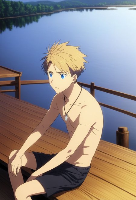 high resolution, professional photography, solo, best quality, 1Boy, Yamato Ishida, Blond Hair, Deep Blue Eyes, Necklace, wooden pier, sit, natural lake, shirtless, shorts, twilight, OverallDetail