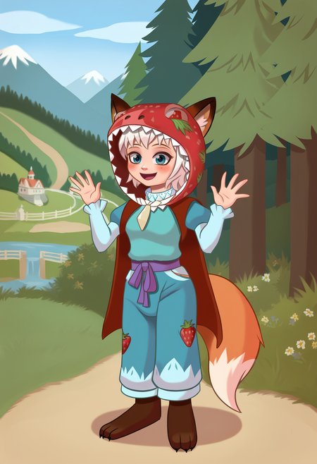 score_9, best quality, masterpiece, uncensored, source_anime
BREAK
1girl, fox girl, fox ears, fox tail, white hair, strawberry costume, fruit costume, hands up, happy, full body, outdoors, detailed landscape of mountain range, frozen paradise
<lora:duhota_pony_v2:1>