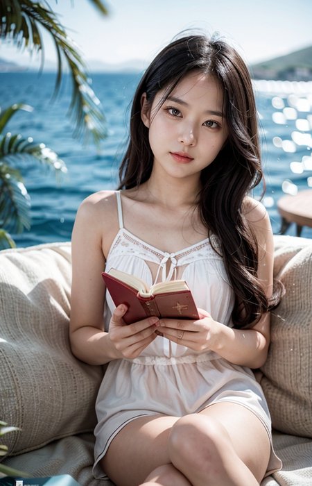 cinematic photo break. white wavy long hair,
A wonderful life, a relaxed atmosphere,Aegean Sea,sunny,a girl in love,reading books,pajama,smile,
<lora:Better_Pose:1>  <lora:fluxenhancer:1> <lora:sparklycism:1>, <lora:Tangbohu_real_style_FLUX_type_A:0.7>, 35mm photograph, film, (bokeh:1.3), professional, 4k, highly detailed