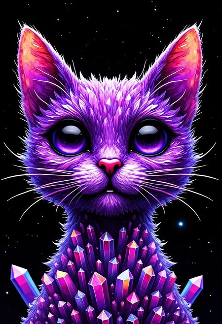 abstract expressionist painting Pop Art and cubism early 20 century, straight lines and solids, cute cat face without body, (((warm colors))), violet, sparkling amethyst crystals, intricate details, hologram floating in space, a vibrant digital illustration, dribbble, quantum wavetracing, black background, behance hd, vivid colors, flat color, 2D, strong lines, Pop Art . energetic brushwork, bold colors, abstract forms, expressive, emotional
