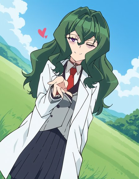 score_9, score_8_up, score_7_up, source_anime, <lora:hyouka-fuwa-s1-ponyxl-lora-nochekaiser:1>, hyouka fuwa, long hair, hair between eyes, purple eyes, green hair, bags under eyes, medium breasts,, labcoat, skirt, school uniform, pleated skirt, necktie, black skirt, red necktie, grey blazer, long sleeves,, hill, grass, open, landscape, sky, smile, <lora:blowing-kiss-ponyxl-lora-nochekaiser:1>, blowing kiss, pucked lips, heart, one eye closed, o3o, hand up, bed room, bed, blush, cowboy shot, dutch angle,, looking at viewer, solo,, dutch angle, cowboy shot