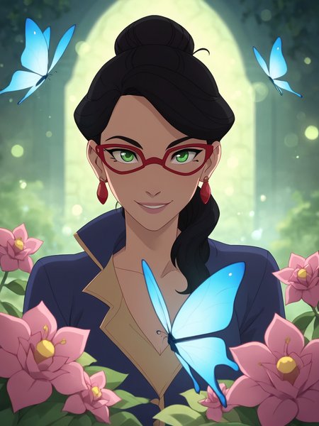 score_9, score_8_up, score_7_up,  score_6_up, BREAK, V1ck1V4l3, 1girl, solo, black hair, green eyes, earrings, single hair bun, red-framed eyewear, Masterpiece, best quality, ultra-detailed, beautiful flowers 1.3, glowing lights 1.2, soft lighting, bokeh effect, ethereal atmosphere, warm and cool light contrast, vibrant colors, fantasy garden, butterflies, fireflies, misty background, smile, looking at viewer  <lora:Vicki_Vale:0.8>