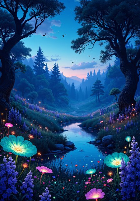 Enchanting meadow at twilight, bathed in ethereal bioluminescent glow. Delicate fireflies dance among vibrant wildflowers, their soft light mingling with the otherworldly blue-green radiance emanating from exotic flora. Tall grass sways gently, shimmering with an iridescent sheen. Misty tendrils curl around ancient, gnarled trees at the meadow's edge, their bark glowing with an inner light. A serene pond reflects the surreal scene, its surface rippling with gentle luminescence. Alien-like mushrooms dot the landscape, pulsing with gentle, mesmerizing patterns. The sky above transitions from deep indigo to a soft lavender, studded with early stars. Creatures with gossamer wings flit between blooms, leaving trails of sparkling dust. Hyper-detailed, dreamlike quality, 8K resolution, masterpiece, intricate details, surreal beauty. <lora:Hand v2:0.7> <lora:Comic book V2:0.3> <lora:Kodak Motion Picture Film style v1:0.1> <lora:New_Fantasy_CoreV4_FLUX:0.2> <lora:flux_dev:1>