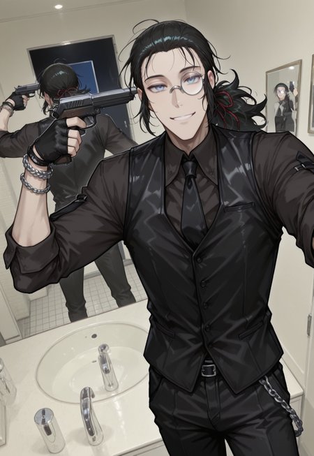 masterpiece, best quality, amazing quality, very aesthetic, absurdres, dynamic angle, ultra-detailed, highly detailed, cinematic lighting, realistic shading, BREAK
GunToHeadMeme, gun to head, selfie, phone, indoors, bathroom, sink, mirror, multiple views, looking at viewer, smile
BREAK
DarkWalter, solo, 1boy, male focus, black hair, ponytail, hair pulled back, hair ribbon, blue eyes, monocle, round eyewear, black shirt, black vest, black necktie, black gloves, fingerless gloves, chain bracelet, black pants, belt chain,