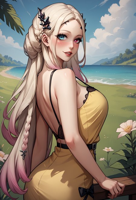 score_9,score_8_up,score_7_up,  <lora:eireneptn-ponyxl-beta4-alt-12:1>, EirenePTN, heterochromia, platinum blonde hair, very long hair, braided bun, gradient hair, black hair ornament, forehead mark, makeup, mature female, nose, lips, looking at viewer, looking back, three-quarter portrait, yellow sundress, bare shoulders, field, light smile, parted lips, blush,cowboy shot, spaghetti strap,
