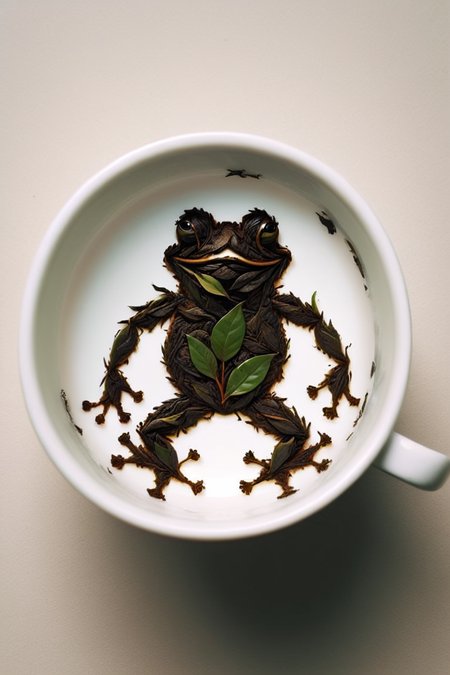 tea leaves forming the shape of an infamous meme frog man on the bottom of an empty tea cup <lora:Tea_Leaf_Reading_Style:1>