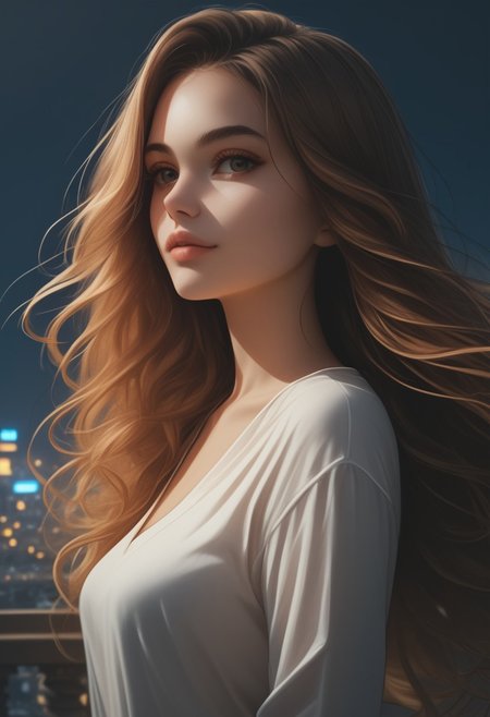 score_9, score_8_up, score_7_up, score_6_up, 1girl, solo, medium breasts, long hair, attractive, symmetrical face, soft structured facial features, night , (european:0.6), (brazilian:0.6), d3t41l3d, neodark, overlooking a city, flowing hair in the wind, from side