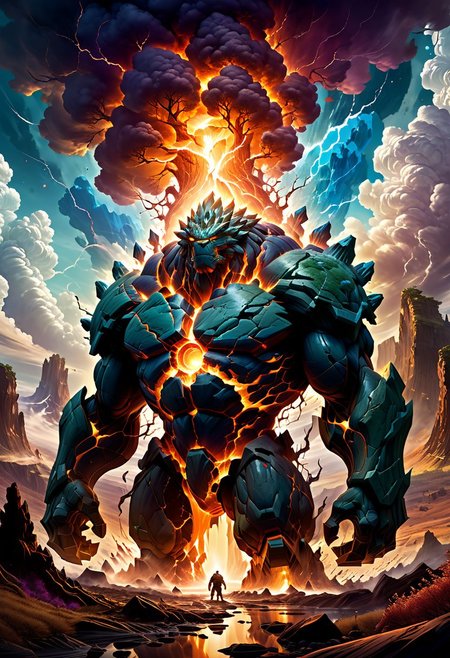 An enormous Earth Elemental, its massive form towering over the landscape, dominates the scene. Its body is composed of swirling, molten rock and earth, constantly reshaping and reforming as it flows like liquid over the terrain. Powerful tendrils of earth and stone extend from its form, controlling the very substance of the world around it. The air crackles with energy as the Elemental unleashes devastating attacks, causing fractals of earth to explode and reshape in its wake. The chaos is both mesmerizing and terrifying, as the very fabric of the world seems to be in the process of unraveling beneath the Elemental's control. Its ethereal presence casts a surreal glow over the landscape, illuminating the fractured earth and molten rock with an otherworldly light. It is a sight that defies comprehension, a testament to the raw, unbridled power of nature and the Elemental's mastery over it.