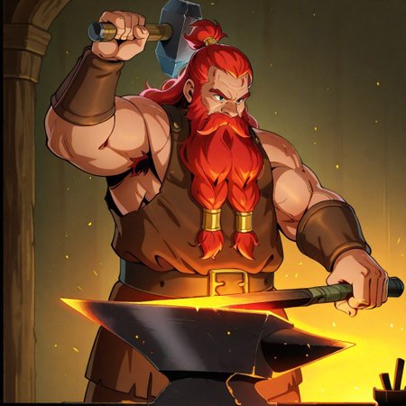 masterpiece, best quality, newest, absurdres, highres,  anime, anime style, Smithing-IL.V1.1, hammer, holding, holding hammer, holding weapon, weapon, 1boy, dwarf, red hair, beard, long beard, SmithingV1, hammer, holding, holding hammer, holding weapon, weapon, anvil