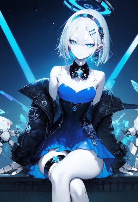 rating_explicit, masterpiece, absurdres, (high quality), detailed skin, detailed character design, ultra-high resolution, perfectly composed, clear, breathtaking attention to detail, highres, ultra detail, solo, 
BREAK
 (score_9, score_8_up, score_7_up), (Masterpiece), (expressive eyes), 1girl,  visor,
single earring, detached collar, off shoulder, bare shoulders, coat, long sleeves, puff sleeves, dress, blue dress, thigh strap,  sitting, crossed legs, leaning forward, starry sky,
Automaton, colored skin, (white_skin:2.0), (joints:), white hair, blue eyes, glowing blue eyes, <lora:MGE_V5.1:0.5>
BREAK
score_9, score_8_up, score_7_up, score_6_up, score_5_up,  <lora:frengXLP:1> freng, 1girl,