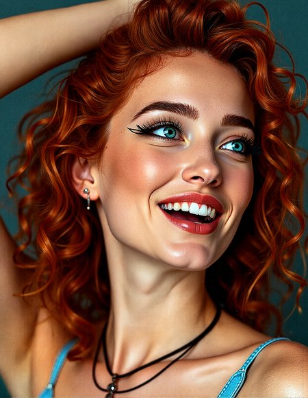 An upper body image of a beautiful young lady from russian  with curly orange hair, aqua eyes, and bold eyeliner. She has thick eyebrows and long eyelashes, and her lips are shiny and full. She wears a necklace jewelry,  and a helix piercing. The extreme realism focuses on her detailed skin, showing fine textures and natural highlights.

The background is A complex web of intersecting lines in different colors and thicknesses.Dots arranged in a grid or random patterns, with varying sizes and densities.


Subtle skin pores and natural texture on the face and neck, Realistic light reflections on the surface of the eyes, Slightly raised veins visible under the skin on the neck, Subtle veins visible on the eyelids under certain lighting, Realistic reflection of light on the glossy lips, following their curvature, Soft reflections on the necklace, enhancing its metallic look

one arm raised, shading her eyes as she looks into the distance with a serene smile, her mouth are wide open revealing her teeth and tongue, side profile




 









































