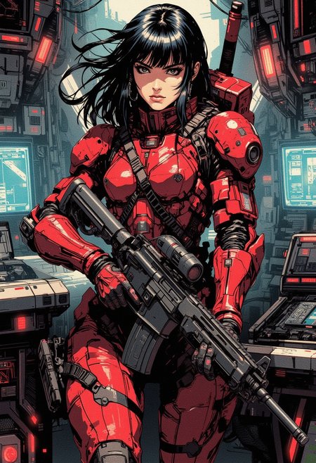 A digital painting in the style of ck-js, nistyle, a female space pirate. chanel straight-cut bob, bangs, sidelocks, battered red power armour,  standing in the command room of a battered spaceship, holding a sci-fi assault rifle in both hands.