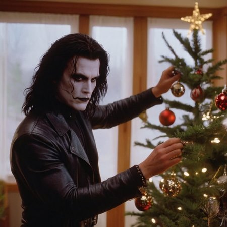cinematic film still of  <lora:graphic novel style:1.2>
1980's Eric Draven choppy hair a painting of a man decorating a Christmas tree In graphic novel style, shallow depth of field, vignette, highly detailed, high budget, bokeh, cinemascope, moody, epic, gorgeous, film grain, grainy