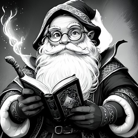 <lora:DnDBWIllustration:1> ArsMJStyle, DnDBWIllustration, wizard, The image shows a black and white illustration of a man with a long beard and glasses holding a book in his hands. He is wearing a costume and the background is dark., greyscale, 1boy, monochrome, male focus, book, solo, facial hair, glasses, beard, gloves
