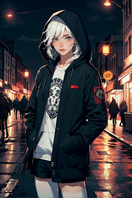 (masterpiece, best quality, high quality, highres, ultra-detailed), 
solo, green eyes, hood, long hair, street lights, looking at viewer, outdoors, hood down, building, sign, night, hands in pockets, city, thighhighs, white hair, bangs, scenery, long sleeves, skyscraper, jacket, pantyhose, cityscape, black thighhighs, 
<lyco:NijiJourney-LyCoris-V6:0.8>, AS-Adult, Asian-Less, OverallDetail, SkinHairDetail,