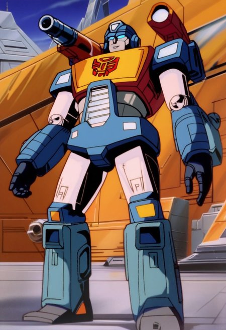 concept art score_9, score_8_up, score_7_up, animation, transformers, 1boy, robot, Autobot, Tall, bulky, glowing eyes, Blue eyes, large eyes, circular eyes, dark Blue armor, artillery cannons, fusion cannons, transforms into Stealth Cybertronian anti_gravity artillery tank, full body, cowboy shot, smiling, holding rifle, Autobot Symbol (Red),  full body,  <lora:Transformers 86 FT:1> . digital artwork, illustrative, painterly, matte painting, highly detailed