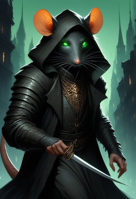 BREAK score_9, score_8_up, score_7_up,  victorian city, night, ominous, solo,  rat man, black longcoat, wearing goggles, green glow eyes, hood, knife, dynamic pose, leaning forward, fully body shot , leather armour, sneaking
(masterpiece, best quality, ultra detailed, intricate details:1.2), (detailed face:1.1), (rat folk:1.5) <lora:RPGRatFolkXL:1>