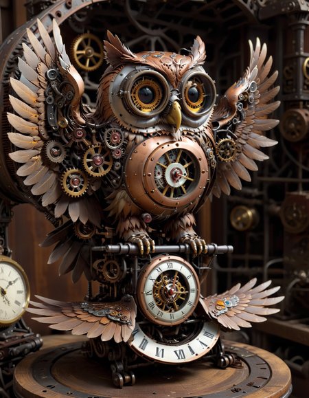 Steampunk Owl - An intricately designed owl with steampunk elements like gears, goggles, and a mechanical wing, perched on a vintage clock. ((centered 1:2))
 <lora:perfection style:1> <lora:ScrapBuiltAI:0.8> scrapbuiltai