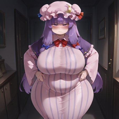 masterpiece, very aesthetic, best quality, 1girl, solo, solo female, feet out of frame, facing viewer, looking at viewer, big breasts, chubby, large ass, wide hips, thick thighs, indoors, apartment, dark room, tight clothing, sensual pose, disdain, annoyed, hands on hips, blush, patchouli knowledge, purple eyes, purple hair, long hair, sidelocks, mob cap, pink hat, crescent pin, hair bow, blue bow, red bow, pink dress, purple capelet, vertical-striped dress