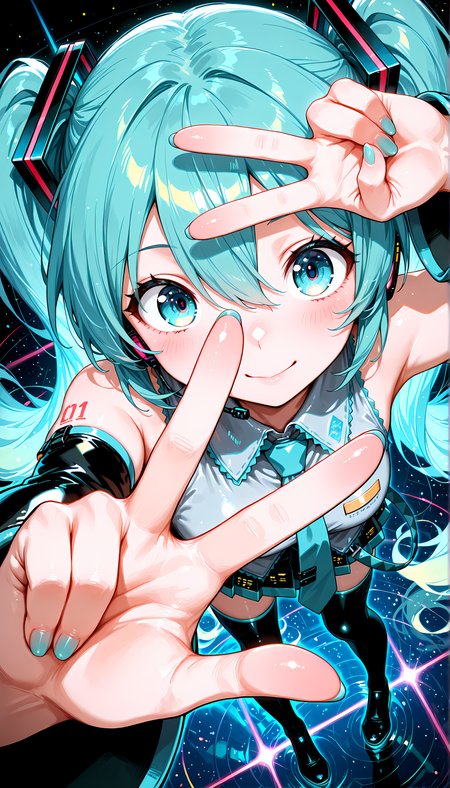 hatsune_miku, dynamic pose, from above, victory gesture, close-up, selfie, glowing outline, colorful, shiny, reflection,, gradient eyes, shiny hair, vibrant, 
