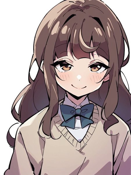 score_9, score_8_up, score_7_up,  
1girl, utsuho tk, brown hair, flat chest, long hair,
brown eyes,

school uniform, bowtie, white shirt, beige sweater, upper body, 

smile, closed mouth, narrowed eyes, looking at viewer, upper body, white background,
