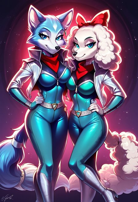 score_9, score_8_up, score_7_up, score_6_up, highest quality, detailed, great lighting, beautiful, masterpiece, 4k, clean, crisp, cinematic, 2girls, duo,
BREAK
Krystal_StarFox, anthro fox, fox girl. blue fur, white muzzle, blue hair, blue jumpsuit,
BREAK
Fay sinclair, anthro poodle, cocker spaniel, dog girl, white fur, furry ears, teal jumpsuit, red neckerchief,
BREAK
embrace, hug, standing, anthro, curvy, clothed, open jacket, looking at viewer, bedroom eyes, seductive look, side by side, smile, equal height